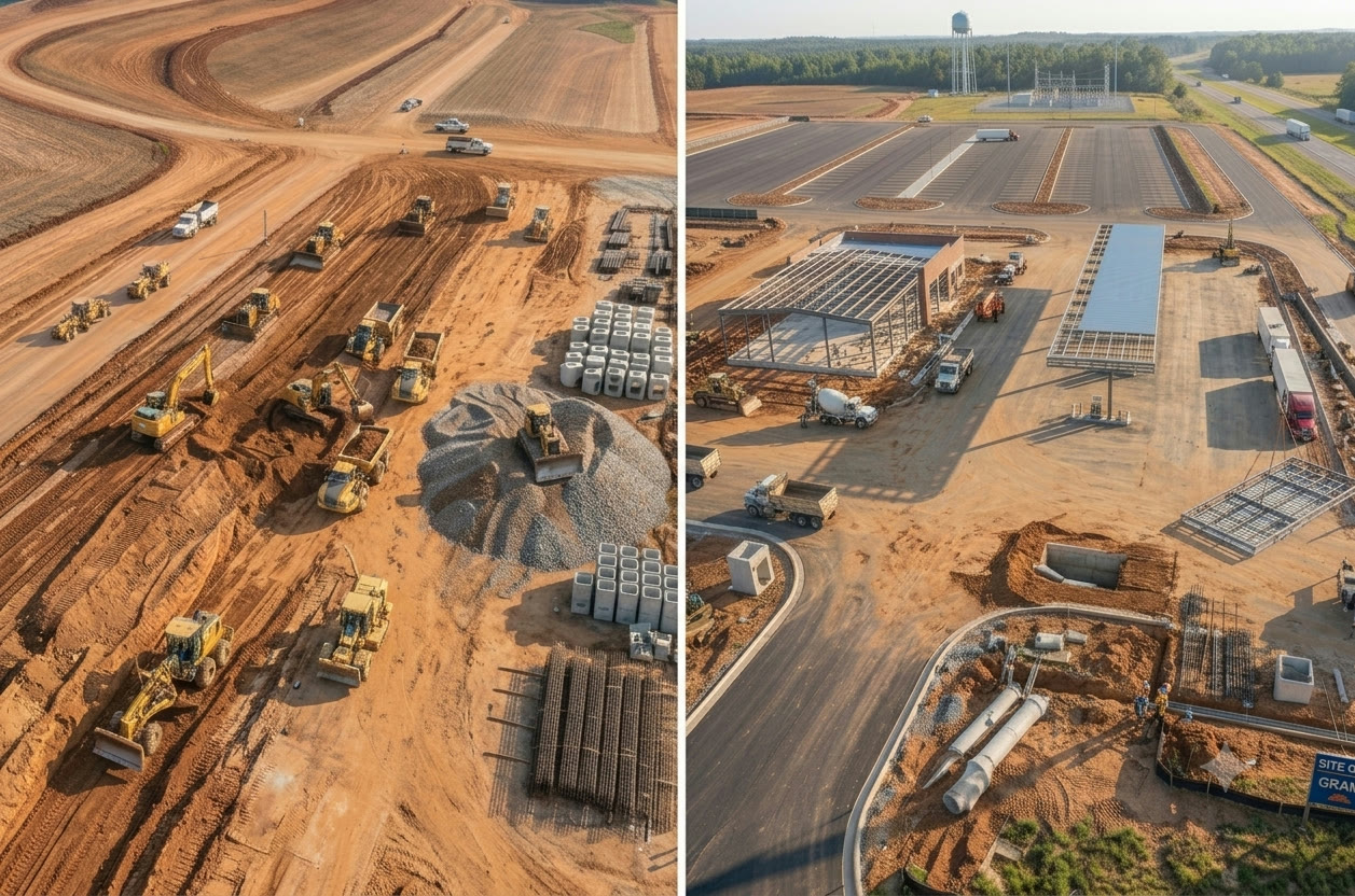 Aerial view of Akal Construction site showing earthmoving equipment fleet and travel center infrastructure under construction