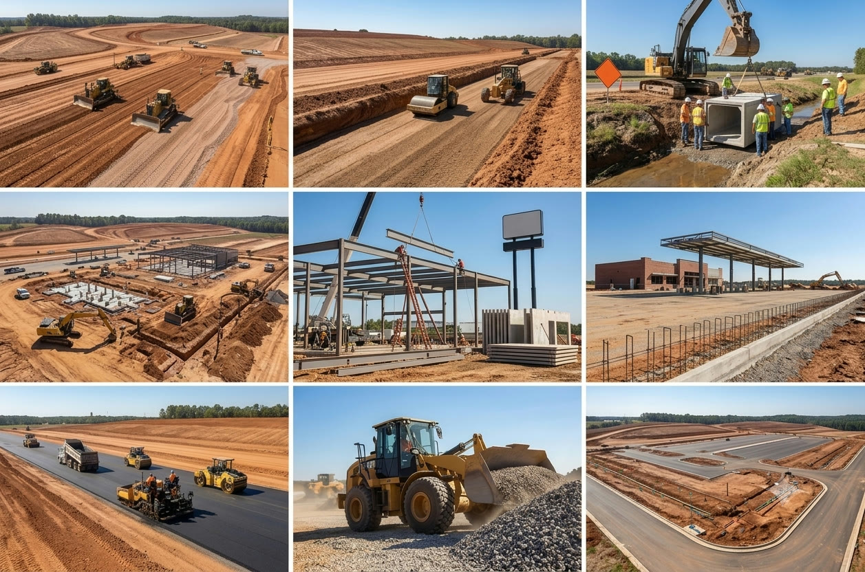 9-panel collage showing Akal Construction project phases: mass earthmoving with dozers, compaction and grading, culvert installation, steel structure erection, travel center canopy construction, paving crew, wheel loader, and finished site infrastructure