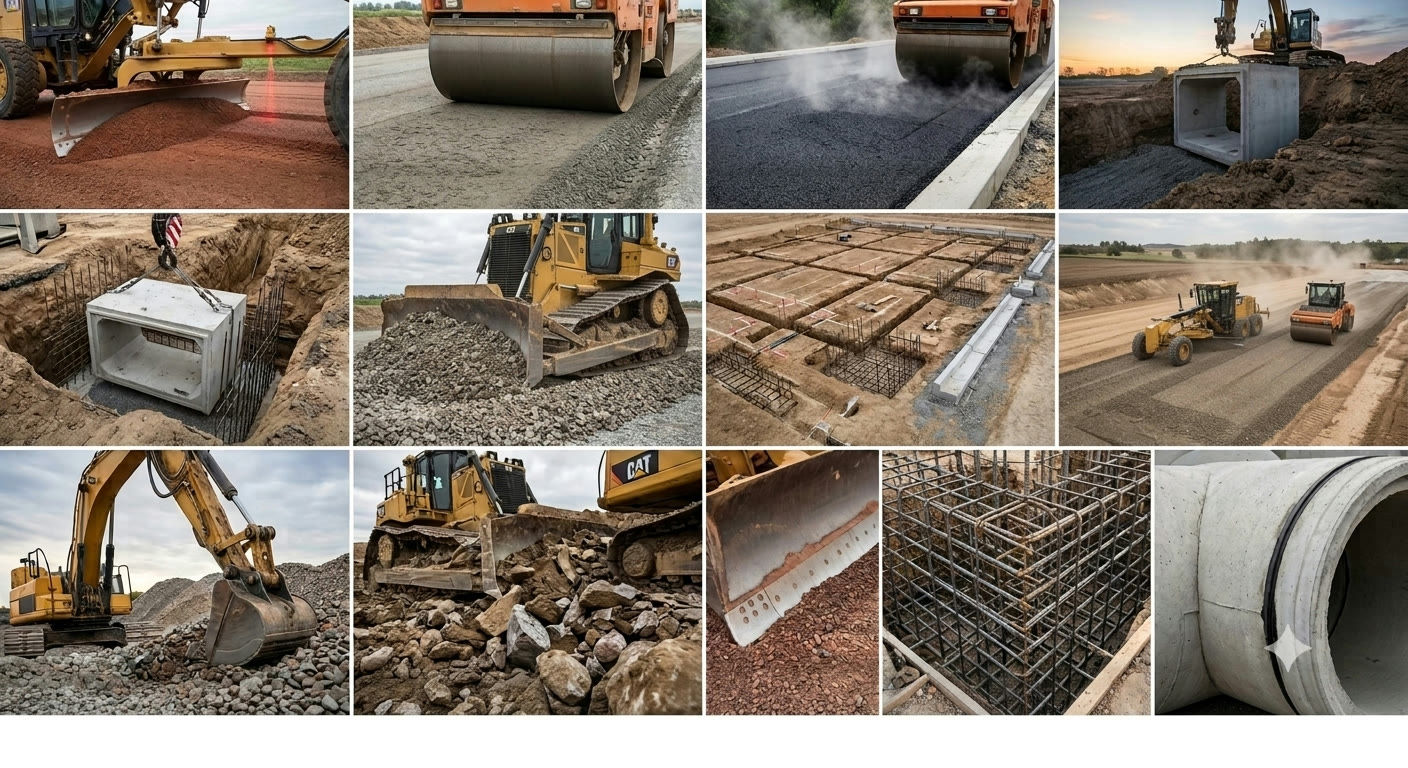 12-panel collage showing Akal Construction equipment and operations: vibratory rollers, asphalt paving, culvert placement, CAT dozer, foundation rebar, motor grader, excavator, and concrete pipe installation