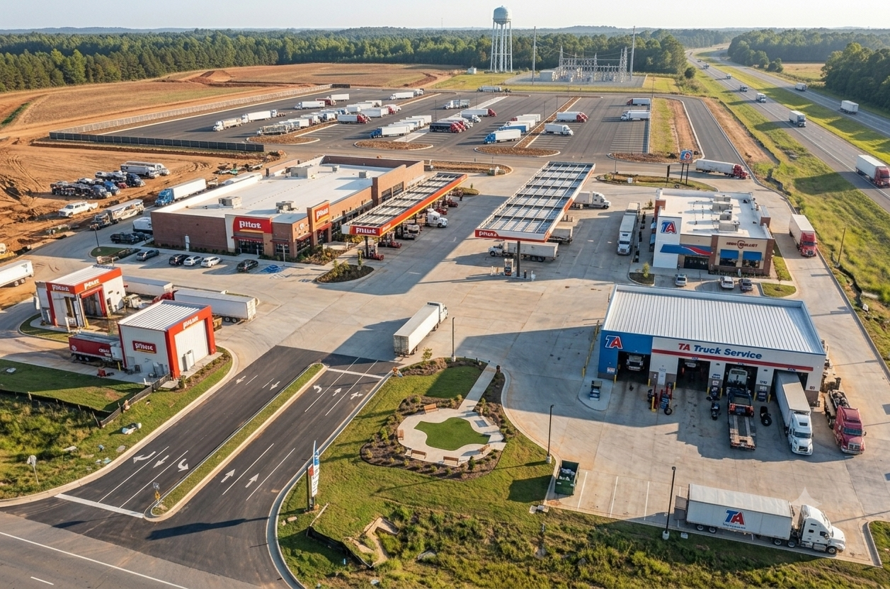 Aerial view of a completed travel center with Pilot and TA Truck Service facilities, showing paved lots, fuel canopies, and commercial buildings
