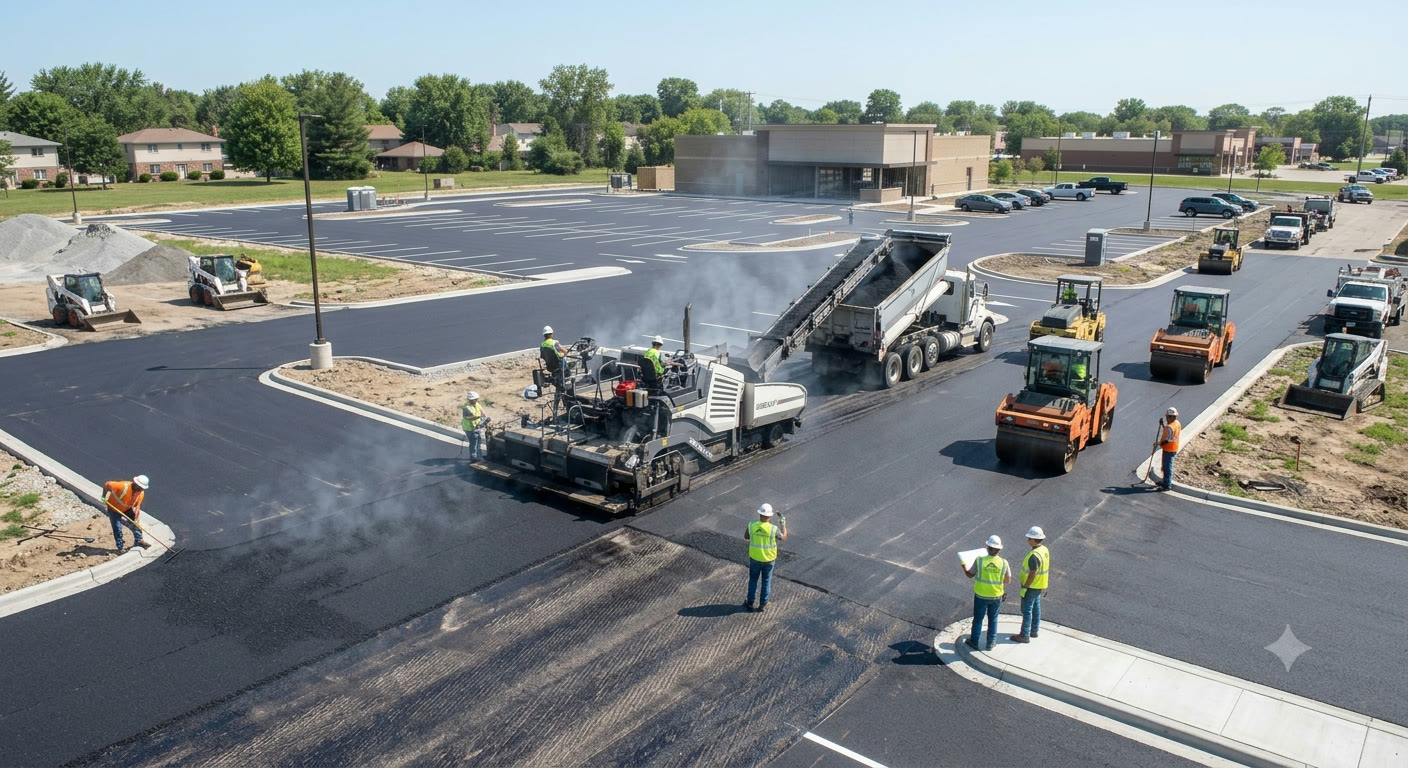 Aerial view of Akal Construction paving crew laying hot-mix asphalt on a commercial parking lot with pavers, rollers, and dump trucks
