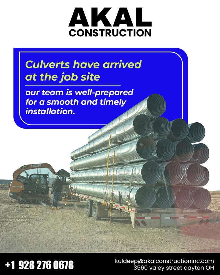 Akal Construction social post — culvert pipes loaded on flatbed trailer arriving at job site with CASE excavator
