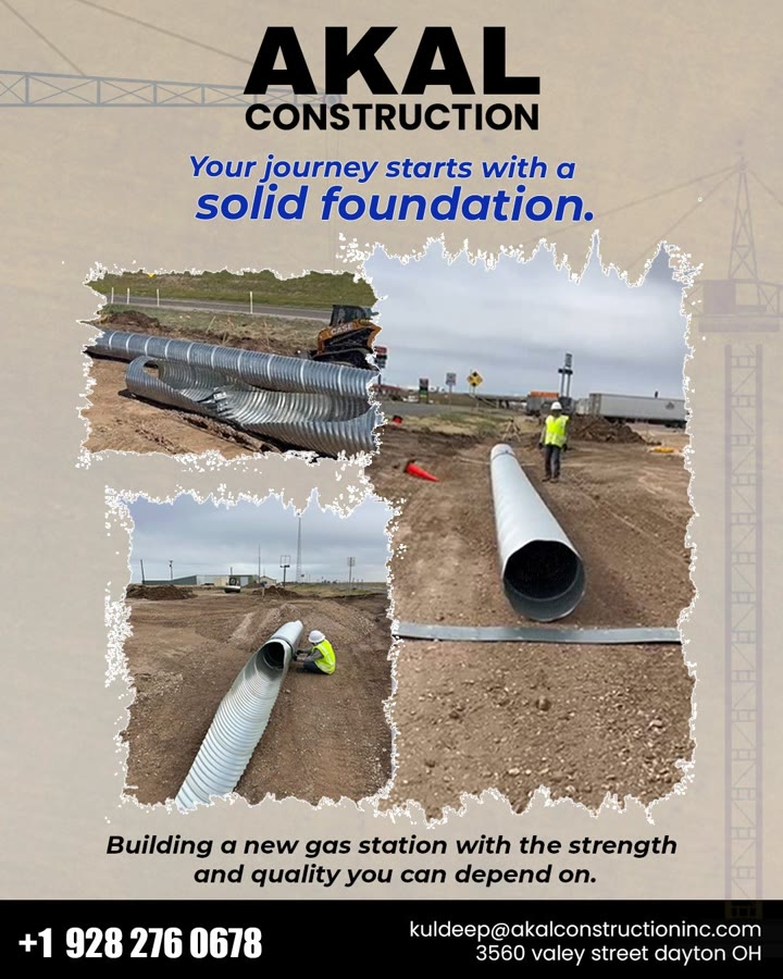 Akal Construction social post — collage of culvert installation phases showing pipe positioning and trench work