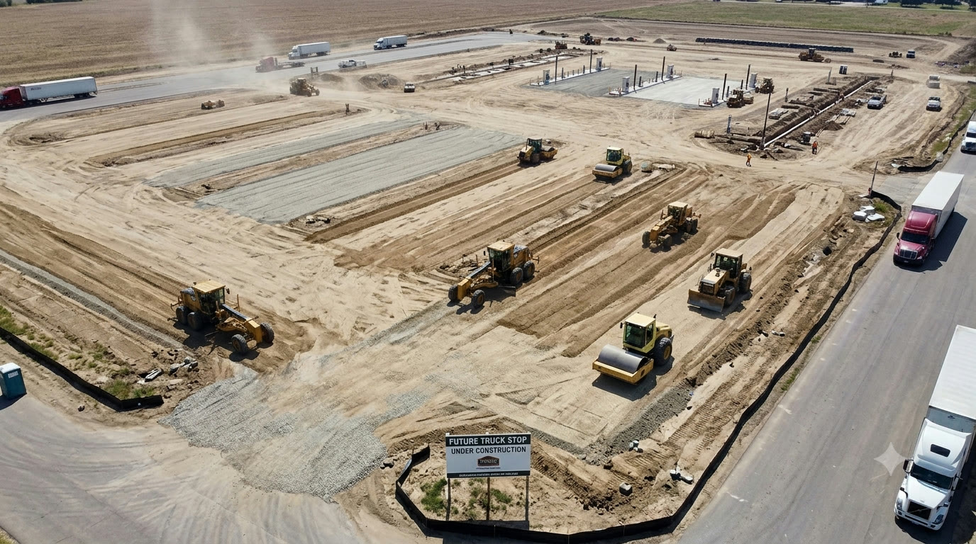 Aerial view of graders, rollers, and heavy equipment performing sub-grading operations on a future truck stop site